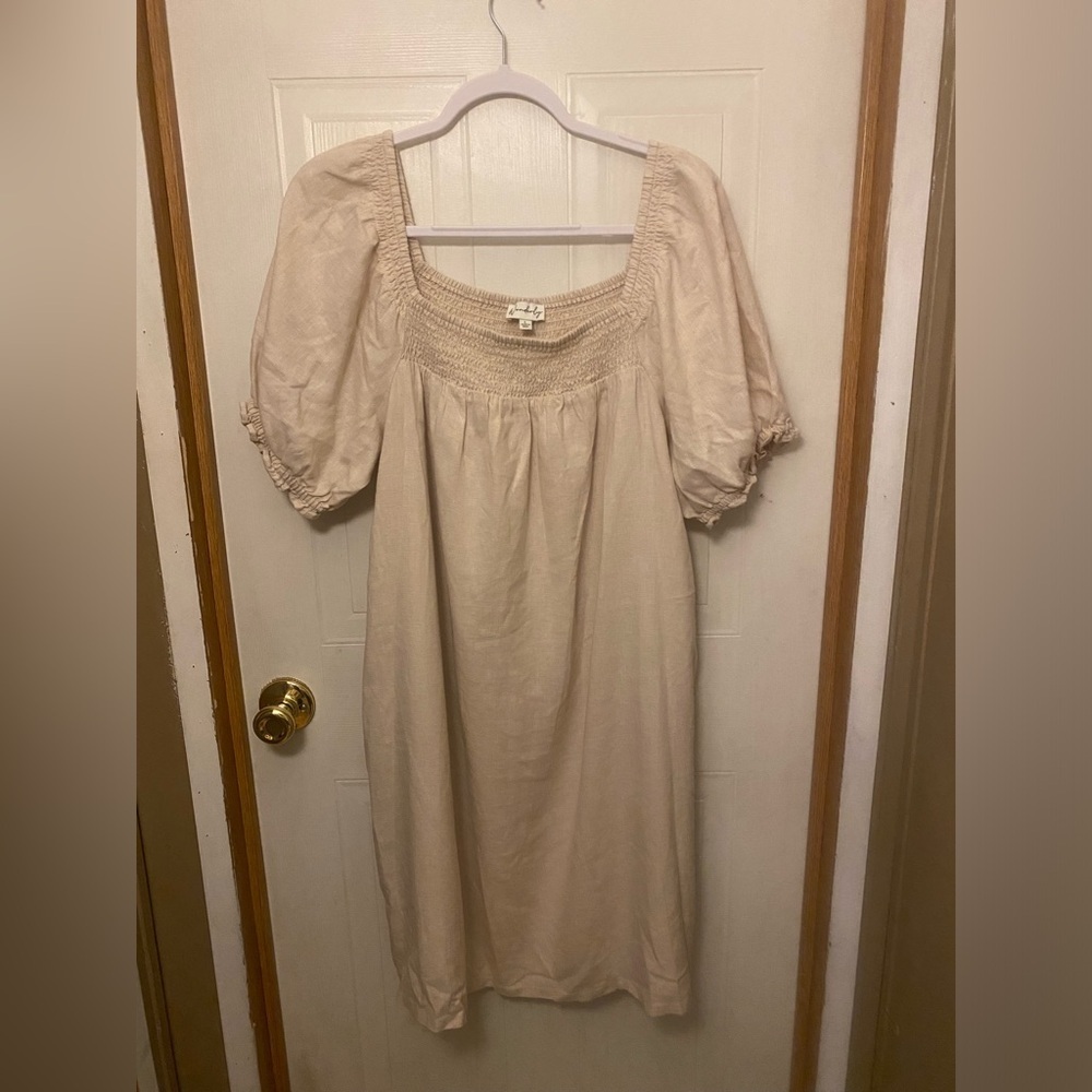 Wonderly Cream Linen Blend Smocked Square-Neck Midi Dress